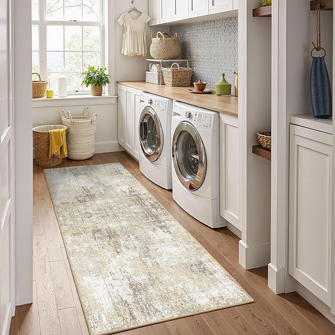Washable Area Rugs 2'x8' Non-Slip Modern Abstract Soft for Living Room Entryway Bedroom Nursery, Print Pattern, Neutral Brown Gray