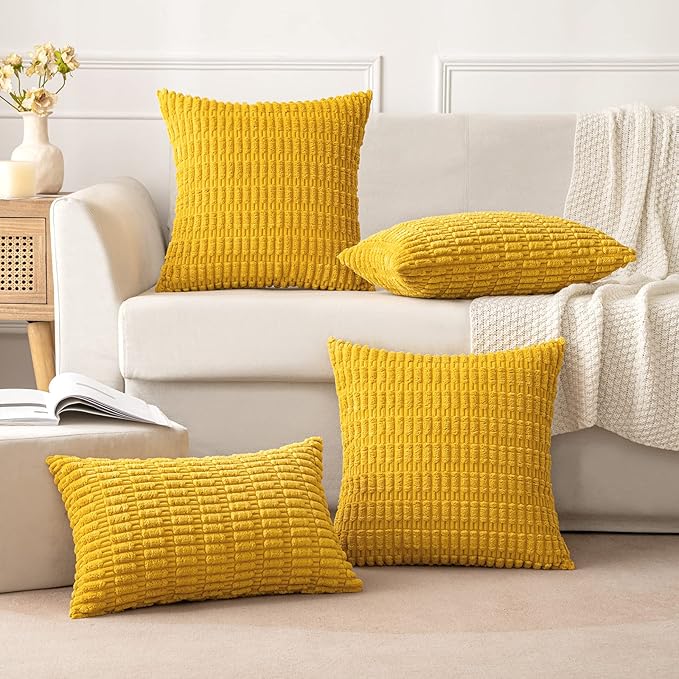 MIULEE Pack of 2 Corduroy Decorative Throw Pillow Covers 16x16 Inch Soft Boho Striped Pillow Covers Modern Farmhouse Home Decor for Summer Sofa Living Room Couch Bed Mustard Yellow