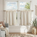 Boho Kitchen Cafe Curtain 24 Inch Length, 36 Inch Width, Single Panel Beige Linen Blend Embroidered Tier Curtain, Light Filtering for Small Window