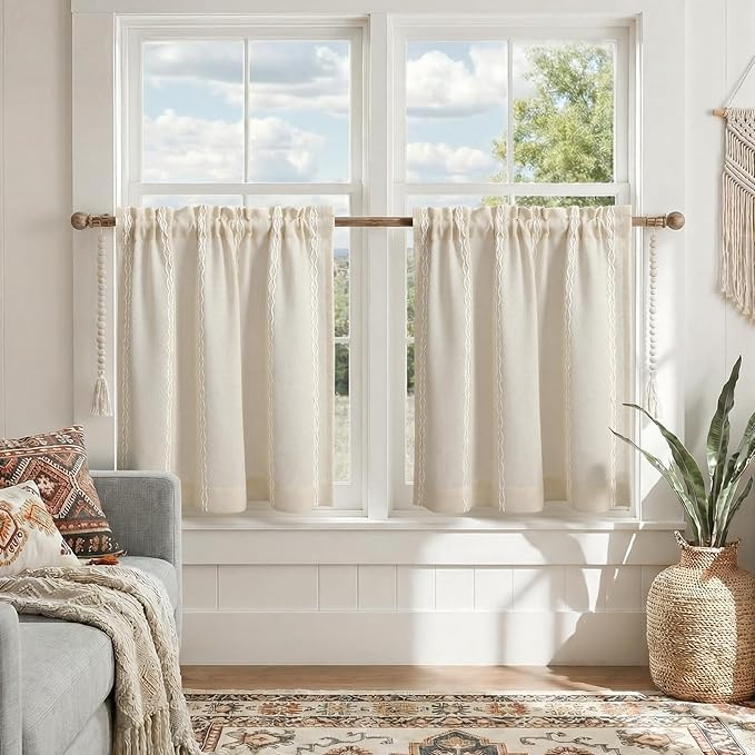 Boho Kitchen Cafe Curtain 24 Inch Length, 36 Inch Width, Single Panel Beige Linen Blend Embroidered Tier Curtain, Light Filtering for Small Window