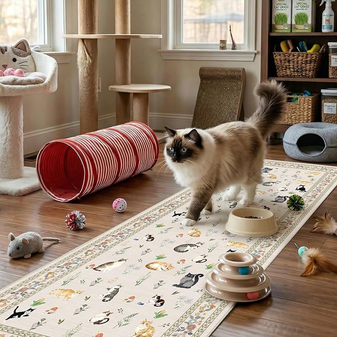 2'6"x8' Washable Kitchen Runner Rug - Soft Low Pile Floral Animal Cat Print Rugs with Non-Slip Backing Waterproof Stain-Resistant Indoor Carpet for Hallway Entryway Bathroom Bedroom (Light Beige)