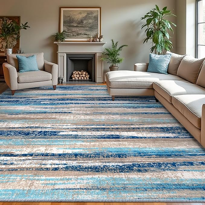 Lansny Modern Abstract 9x12 Large Machine Washable Living Room Rug Non-Slip Soft Bedroom Area Rug Blue Ultra Thin Print Faux Wool Carpet Throw Rugs for Nursery Playroom Dining Room Indoor Office