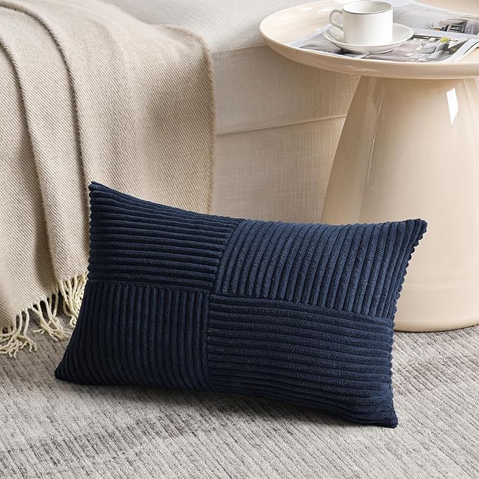 Fancy Homi 2 Packs Navy Blue Lumbar Decorative Throw Pillow Covers 14x22 Inch for Living Room Couch, Rustic Farmhouse Boho Home Decor, Soft Striped Corduroy Rectangle Accent Cushion Case 35x55 cm