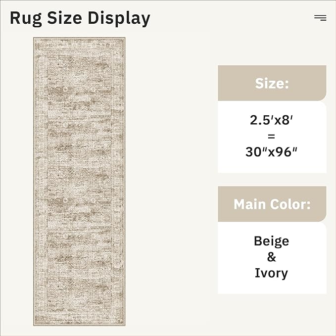 Washable Runner Rug, 2'6" x 8' Non-Slip Kitchen Vintage Foldable Hallway Runners for Entryway, Laundry, Bedroom, Brown