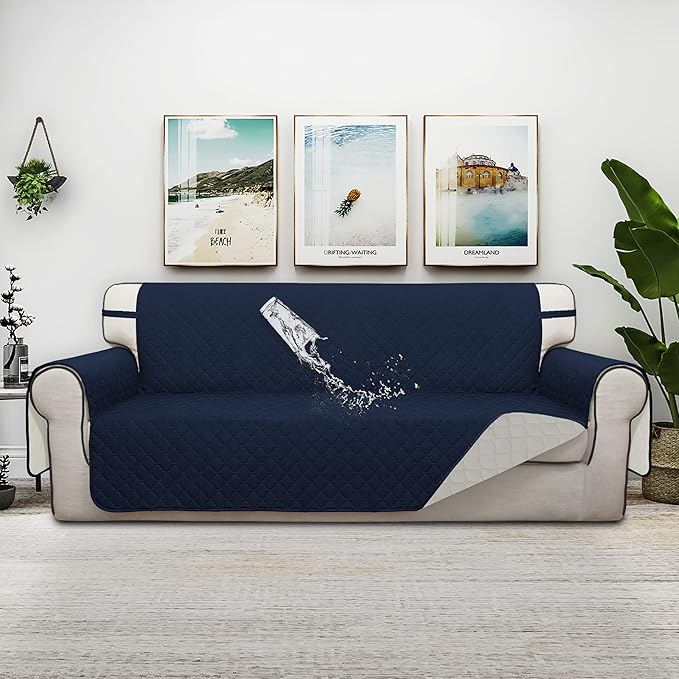 ISSUNTEX Double Protection 100% Waterproof Sofa Covers for Living Room, Couch Covers for 3 Cushion Couch Sofa, Reversible Furniture Protector Sofa Cover for Dogs, Pets, Kids (Sofa, Navy/Ivory)