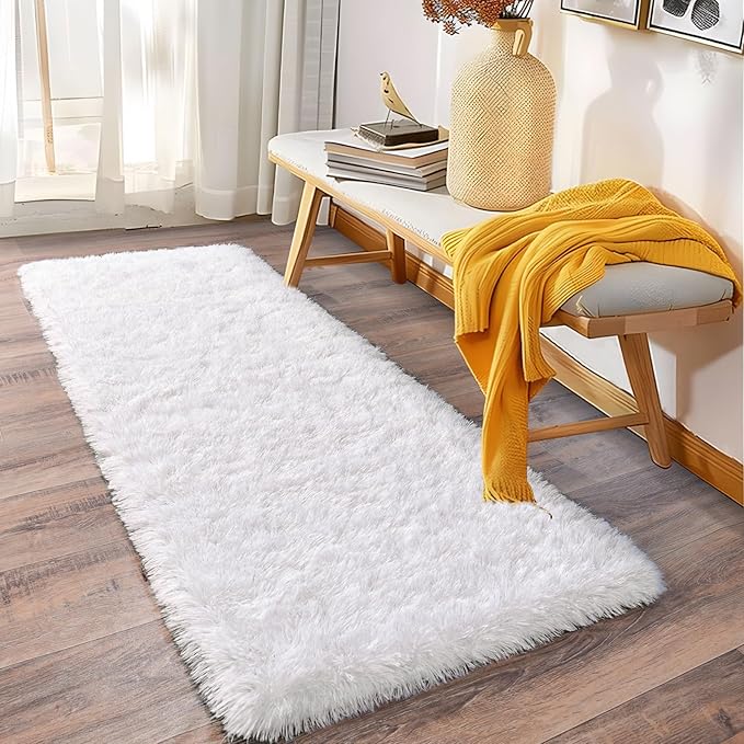 Soft Runner Rugs for Bedroom Hallways New Upgraded Non-Slip Bottom, 2 Packs 2x6 White Fluffy Shag Throw Area Rug for Bedside Dorm, Long Shaggy Furry Carpet for Nursery Living Room
