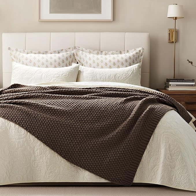 EVERGRACEHOME Chunky Chenille Knit Throw Blanket for Couch, Soft Luxurious Moss Stitch Blankets for Bed, Cozy Decorative Farmhouse Knitted Throws for Sofa, Cocoa Brown, 50" x 60"