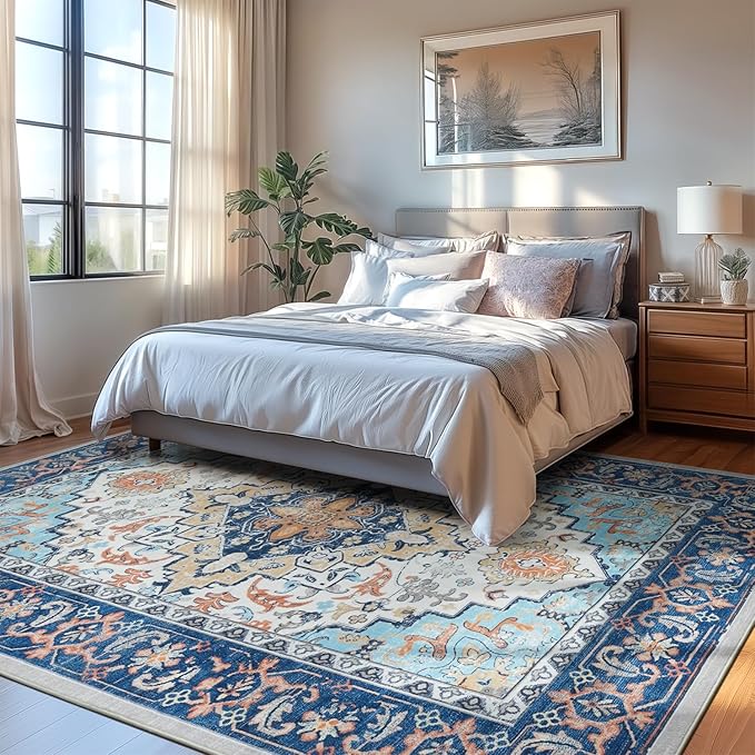 Lofus 8x10 Area Rugs for Living Room, Washable Area Rug, Rugs for Bedroom, Kitchen, Vintage Boho Carpet, Soft Non-Slip, Low Pile Large Area Rug for Office Dining Room, Floral Blue