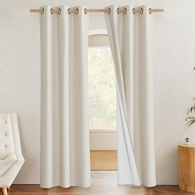 NICETOWN Natural Full Blackout Boho-Chic Linen Curtains 80 inch Long 2 Panels Set for Cafe Window, 34 inch Wide, Thick Linen Blend Drapes, Insulated Window Covers Draperies with White Backing
