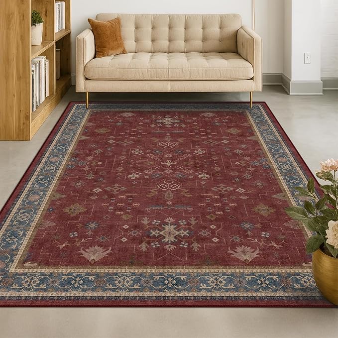 5x7 Boho Dark Red Rug for Living Room - Vintage Oriental Revival Low-Pile Carpet for Bedroom, Dining Table, Home Office, Machine Washable Area Rug Non-Slip with Rubber Back