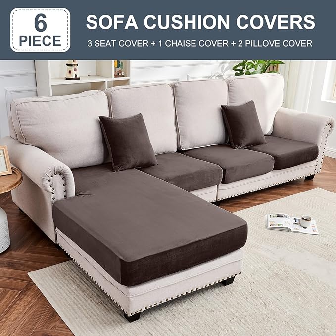 Couch Cover 4-Piece Elastic Velvet Couch Cushion Covers & Chaise Slipcovers for L-Shaped Sofas - Sofa Seat Covers Washable, Soft Protector for Couches (3 Seater + Chaise, Coffee)