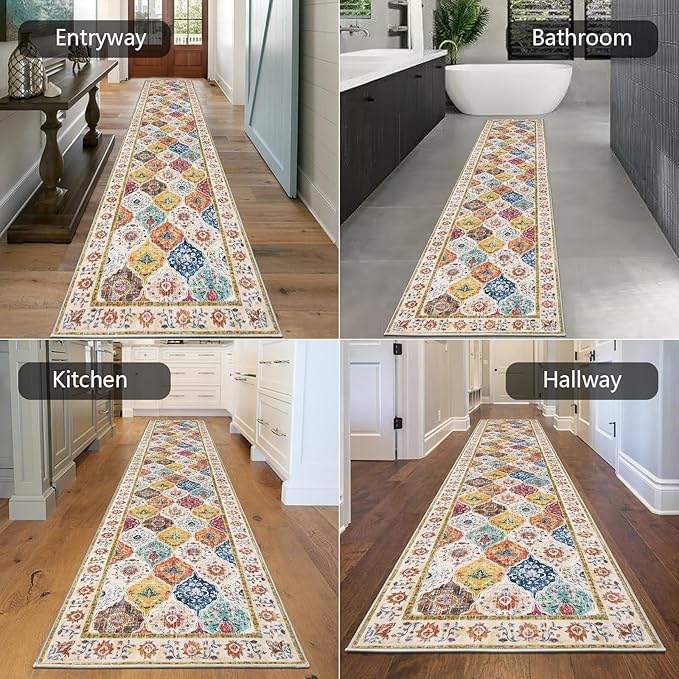 HEBE Hallway Runner Rug 2'x10' Washable Vintage Distressed Area Rugs Non Slip Laundry Rug Runner Boho Floor Carpet Runners for Hallways Entryway Laundry Room Kitchen Bathroom