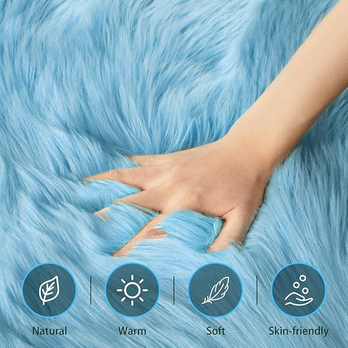 Ciicool Ultra Soft Faux Sheepskin Fur Rug Fluffy Rug for Bedroom Fuzzy Carpet for Living Room Kid's Room Nursery Decor, Sky Blue 2 x 6 Feet