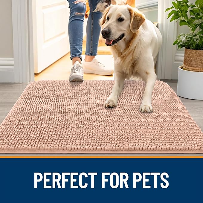 OLANLY Dog Door Mat for Muddy Paws 70x32, Absorbs Moisture and Dirt, Absorbent Non-Slip Washable Doormat, Quick Dry Chenille Mud Mat for Dogs, Entry Indoor Entryway Carpet for Inside Floor, Peach