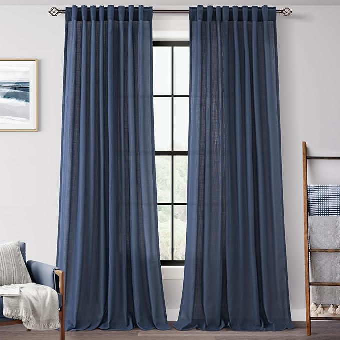 Navy Blue Curtains for Living Room Back Tab Modern Farmhouse Semi Sheer Blue Curtains 132 inches Long 2 Panels Set Muted Neutral Window Curtain for Dining Room Bedroom 52x132