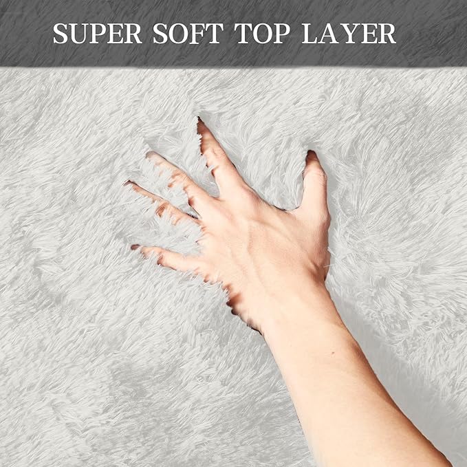 5x7 Cream White Cozy Shag Fluffy Area Rug for Living Room, Bedroom, and Playroom - Anti-Skid & Aesthetic Indoor Floor Carpet for Kids Boys Girls - Rectangular Soft Nursery Rug, Furry & Large