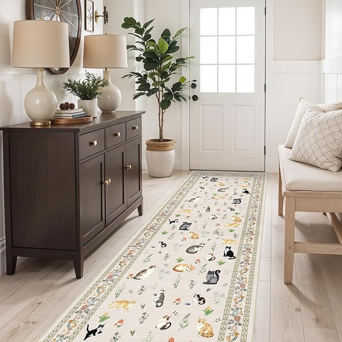 2'6"x8' Washable Kitchen Runner Rug - Soft Low Pile Floral Animal Cat Print Rugs with Non-Slip Backing Waterproof Stain-Resistant Indoor Carpet for Hallway Entryway Bathroom Bedroom (Light Beige)