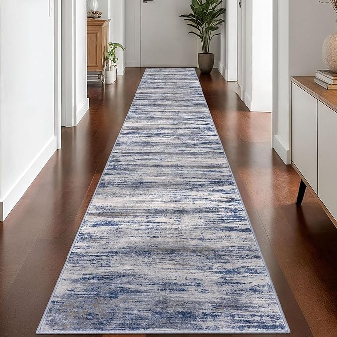 KOZYFLY Modern Abstract Washable Rug Runner 2.6x16 Hallway Rug Runner Non-Slip Soft Kitchen Runner Rugs, Grey-Blue Striped Carpet for Stair Entryway Bathroom Laundry Room Foyer
