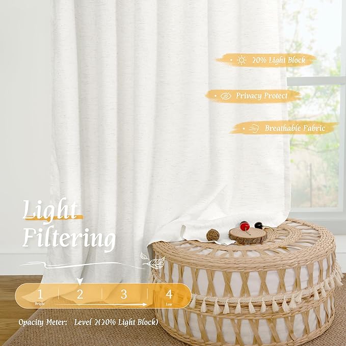 LAMIT Ivory White Linen Curtains 48 Inch Length, Faux Linen Textured Light Filtering Panels Rod Pocket Privacy Neutral Drapes for Kitchen/Window/Bedroom/Living Room, 2 Panels, 42 x 48 Inch