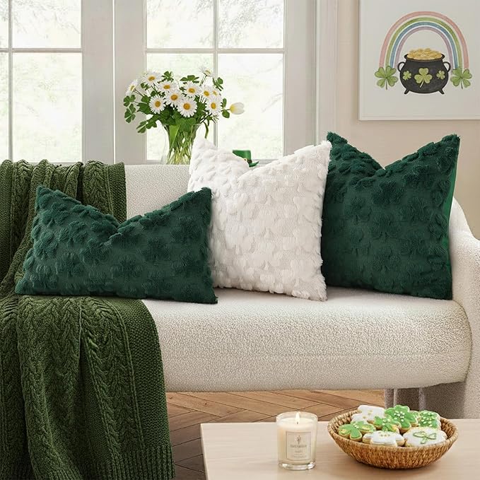 decorUhome St. Patrick’s Day Shamrock Green Pillow Covers 16x16 Inch Set of 2, Soft Plush Faux Wool Throw Pillow Covers, Farmhouse Spring Holiday Decor for Sofa Living Room
