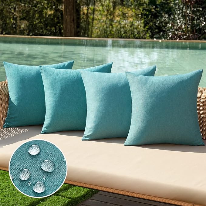 MIULEE Pack of 4 Decorative Outdoor Throw Pillow Covers Linen Waterproof Pillow Covers Farmhouse Cushion Cases for Patio Garden Tent Balcony Couch Sofa 18x18 inch Turquoise