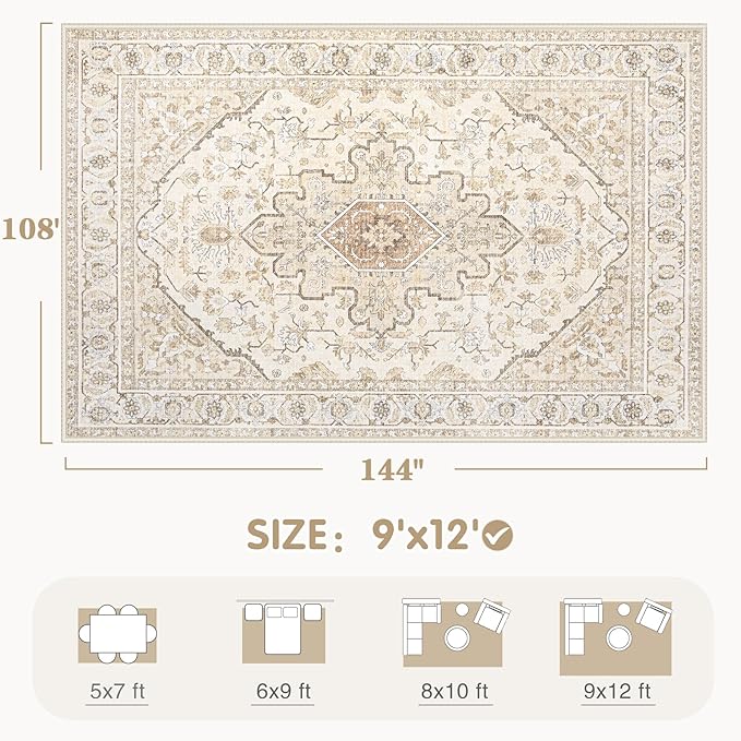 Area Rugs 9x12 Vintage Rug: Large Washable Living Room Rug Retro Medallion Distressed Soft Low Pile Non-Slip Indoor Floor Carpet for Bedroom Dining Table Office (BeigeBrown,9'x12')