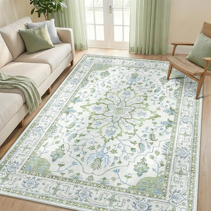RELEANY Area Rugs 5'x7' Washable Non-Slip, Floral Vintage Distress Print Pattern Medallion Carpet for Living Room Bedroom Dining Room, Green White Blue
