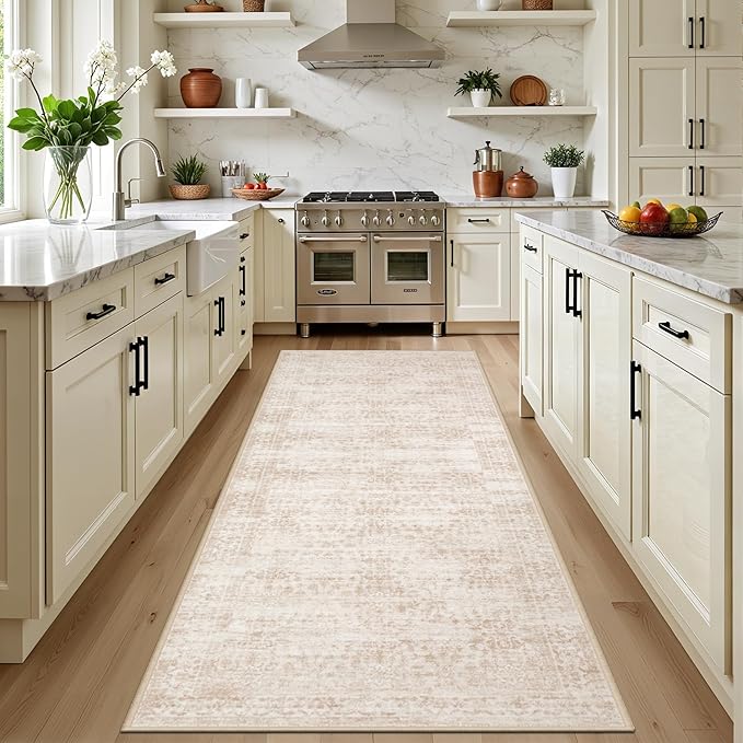 Hallway Runner Rug Non Slip - Washable 2.6x8 Kitchen Rugs for Living Room, Low-Pile Soft Bedroom Rug Indoor Floor Stain Resistant Carpets for Entryway, Laundry, Bathroom Beige Brown
