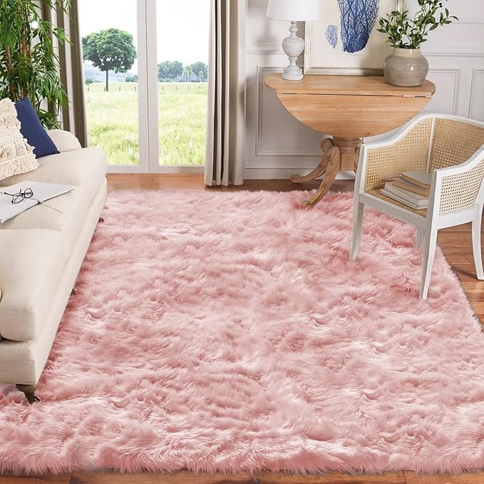 Goolela Pink Area Rug 9x12 Fluffy Fuzzy Furry Rug for Girls Bedroom Faux Sheepskin Fur Shaggy Soft Luxury Rectangle