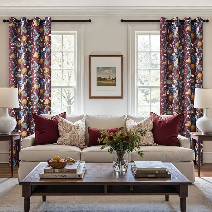 Topfinel Rust Boho Floral Curtains 90 Inches Long 2 Panels Unique Luxury Elegant Colorful Euro Flower Hummingbird Patterned Rustic Vintage Grommet Drapes for Classroom Room Office Closet
