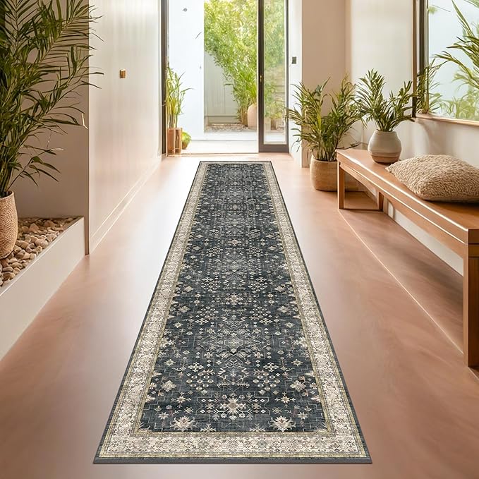 Hazo Haus Black Boho Washable 3x20 Extra Long Runner Rug for Hallway, Waterproof Large Kitchen Floor Rug, Non-Slip Stain & Fade Resistant, Vintage Floral Decor