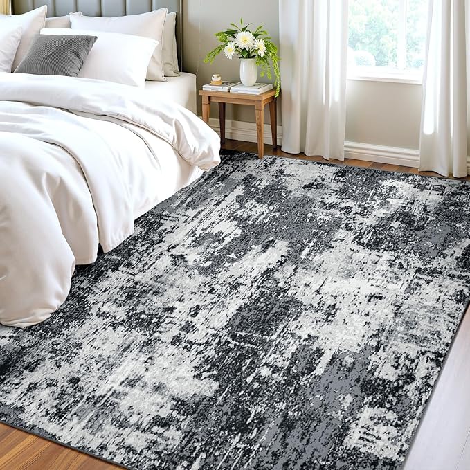 Washable Area Rugs 4'x5' Non-Slip Modern Abstract Soft for Living Room Entryway Bedroom Nursery, Print Pattern, Black Navy Blue Gray