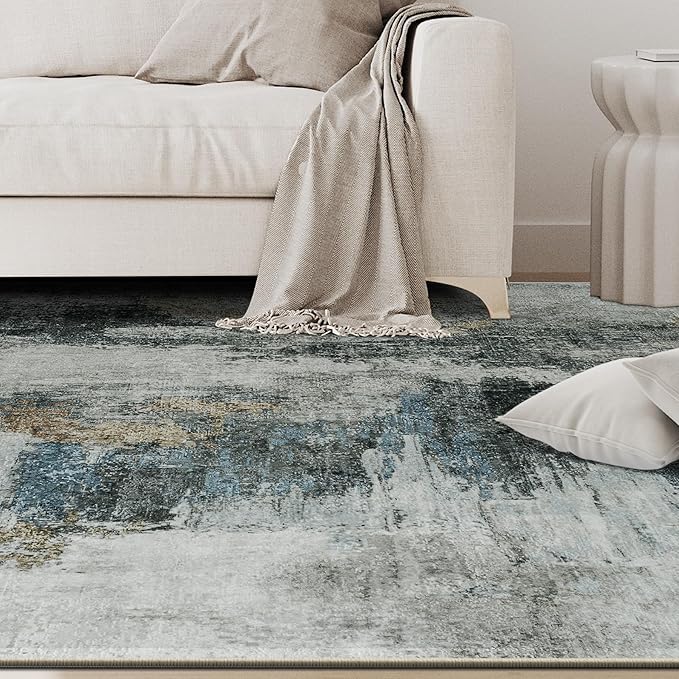 8x10 Area Rugs for Living Room Rug Washable: Abstract Large Rug for Dining Room Bedroom Carpet Non Slip 8 by 10 Indoor Modern Nursery Home Office Black Gold
