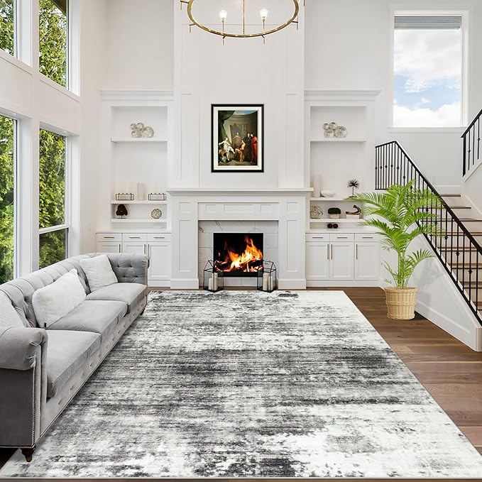 5x7 Area Rugs Washable Rug: Modern Abstract Living Room Rug Soft Anti-Skid Thin Carpet Indoor Floor Non-Shedding Carpets for Bedroom Dining Room Farmhouse Nursery Home Office - Black Grey