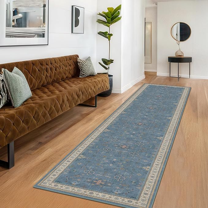 Hazo Haus Non Slip 10ft Long Hallway Runner Rug Blue - 2 x 10 Runner Rug, Washable & Waterproof 2x10 Kitchen Floor Mat - Modern Eclectic Boho Design Décor