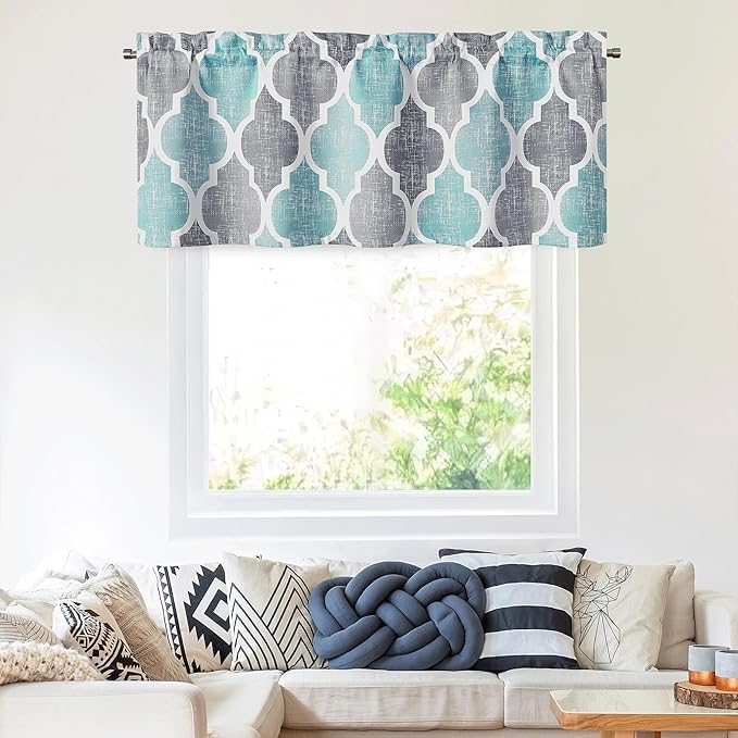 Beauoop Blackout Window Valances Curtains Geometric Quatrefoil Trellis Printed Room Darkening Thermal Insulated Rod Pocket Short Valance Curtains Cafe Bathroom, Spa/Gray, 50" W x 18" L, 1 Panel