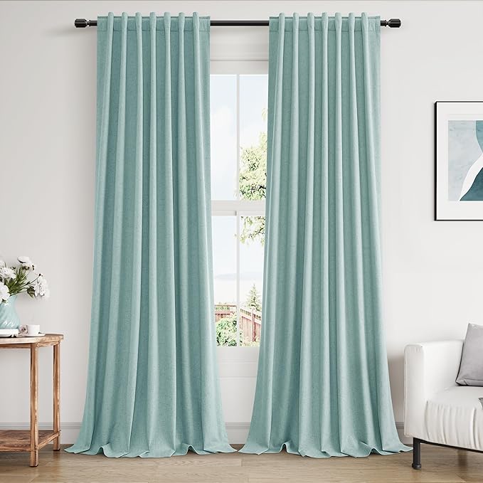 Guken Light Blue 100% Blackout Linen Curtains 108 Inch Length 2 Panels Set for Living Room Bedroom Back Tab/Rod Pocket Thermal Insulated Black Out Drapes Room Darkening Farmhouse Window Curtains