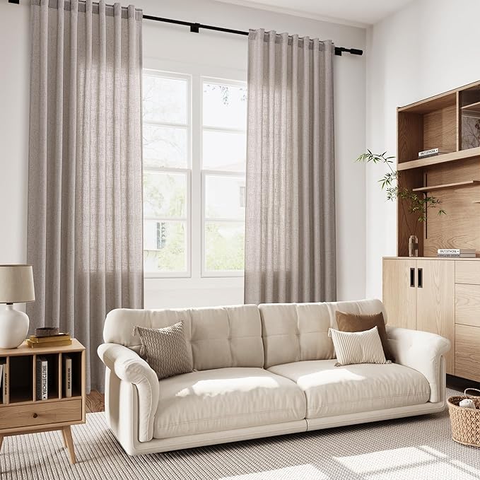 Nanspring Brownish Grey Linen Curtains for Living Room 100 Inches Long Back Tab Light Filtering Semi Sheer Curtain Modern Farmhouse Decor for Bedroom Office Luxury Textured Drapes 52x100, 2 Panels