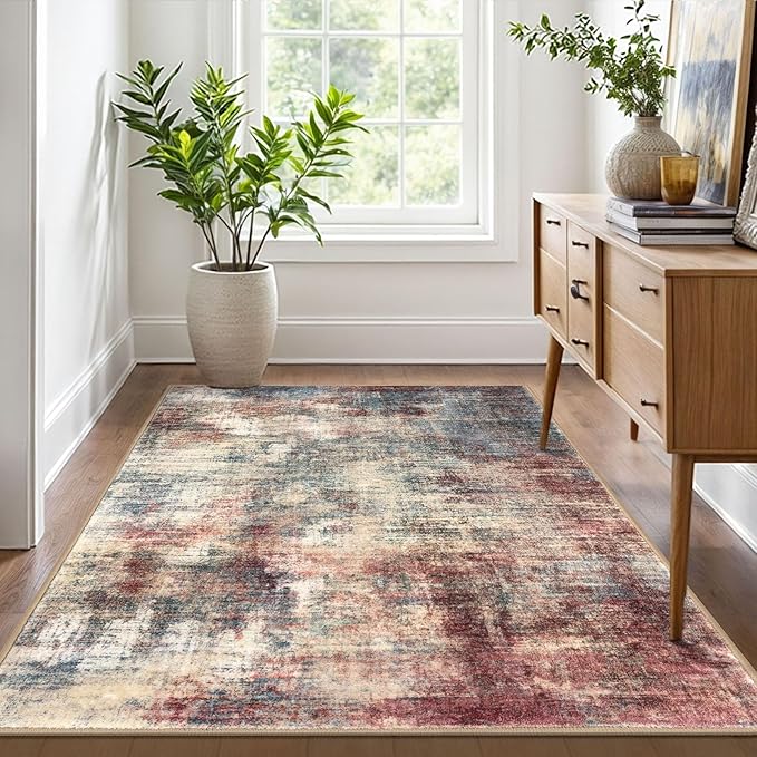 IOHOUZE Abstract Area Rug 4x6 Ft Washable Rugs for Entryway Indoor, Non Slip Small Living Room Rugs Printed Faux Wool Throw Rug, Floor Carpet for Kitchen Nursery Playroom, Red/Multi