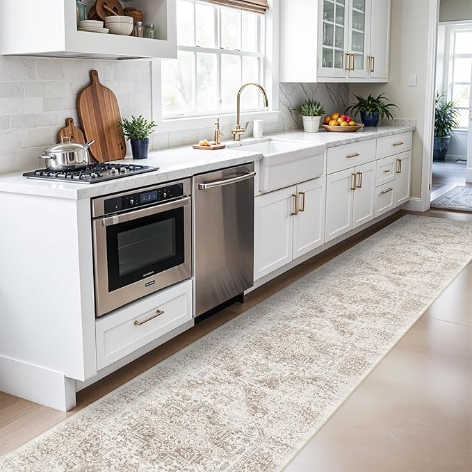 Washable 2'6''x16' Runner Rug - Non-Slip Vintage Runner Rug for Entryway Low-Pile Medallion Long Rugs for Hallway Waterproof Traditional Runner Rugs Indoor Thin Rug for Kitchen (Cream/Beige)