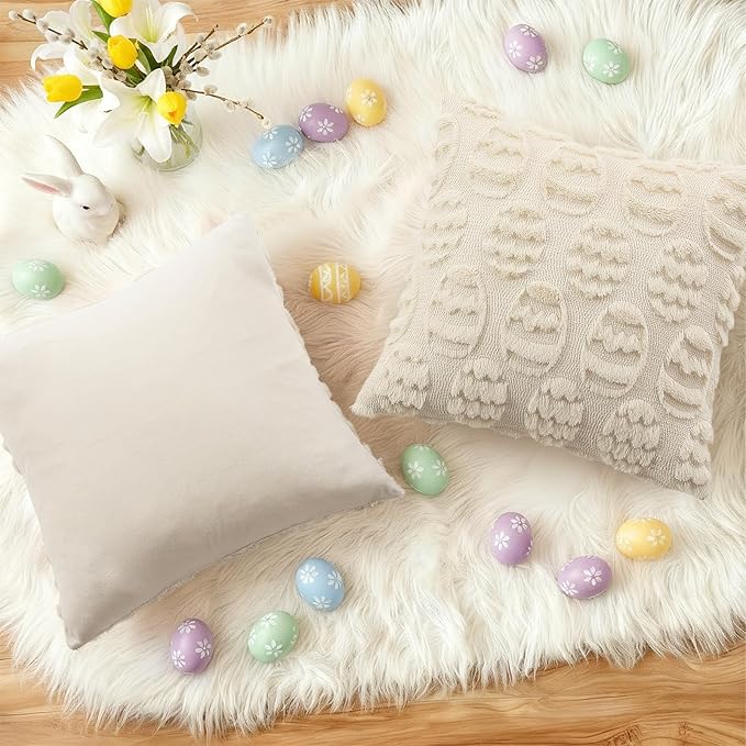 decorUhome Easter Beige Egg Pillow Covers 18x18 Inch Set of 2, Soft Plush Faux Wool Jacquard Cushion Covers, Farmhouse Neutral Fuzzy Spring Easter Holiday Decor for Couch Sofa Bed