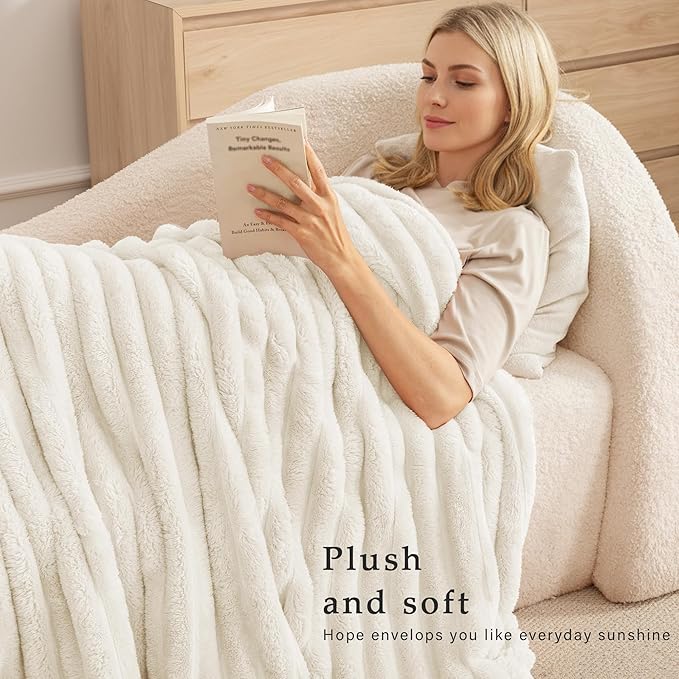 Exclusivo Mezcla Fleece Throw Blanket for Couch, Super Soft Striped Jacquard Bed Blanket, Lightweight Fuzzy Cozy for All Seasons, 50x60 Inches, Ivory