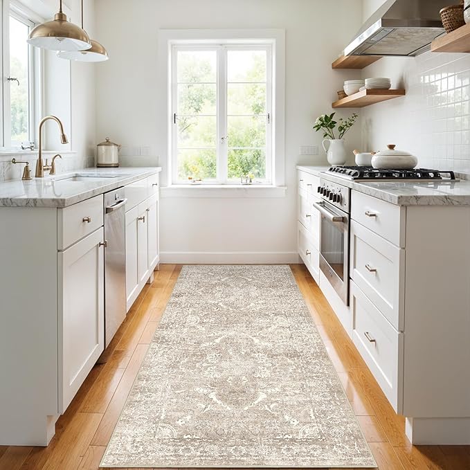 3x6 Washable Hallway Runner Rug - Non Slip Kitchen Runner Rugs with Rubber Backing Vintage Low-Pile Carpet Runners for Entryway Dining Room Laundry Room Home Decor (Beige)