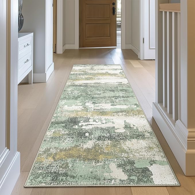 BEIMO Runner Rug for Hallway Kitchen, 2x5 Machine Washable Runners Rug for Entryway, Soft Modern Abstract Throw Rugs, Low Pile Floor Cover with Non Slip Backing, Light Green
