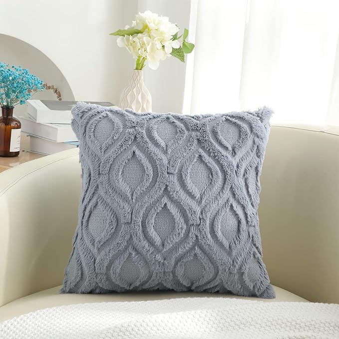decorUhome Throw Pillow Covers 20x20 Inch Set of 2, Soft Plush Faux Wool Blue Grey Solid Couch Pillow Covers, Accent Farmhouse Neutral Square Pillow Cases for Sofa Bed Living Room