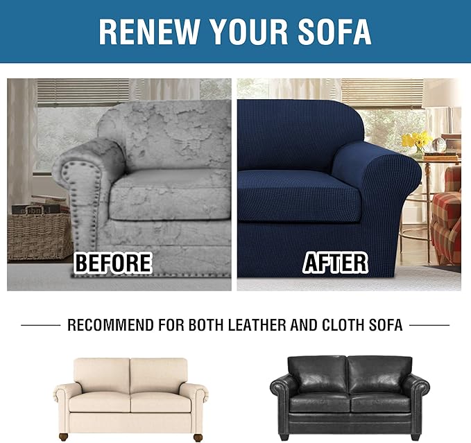 H.VERSAILTEX 3 Piece Stretch Sofa Covers for 2 Cushion Loveseat Couch Covers for Living Room Sofa Slipcovers (Base Cover Plus 2 Seat Cushion Covers) Thicker Jacquard Fabric(Medium Sofa, Navy)