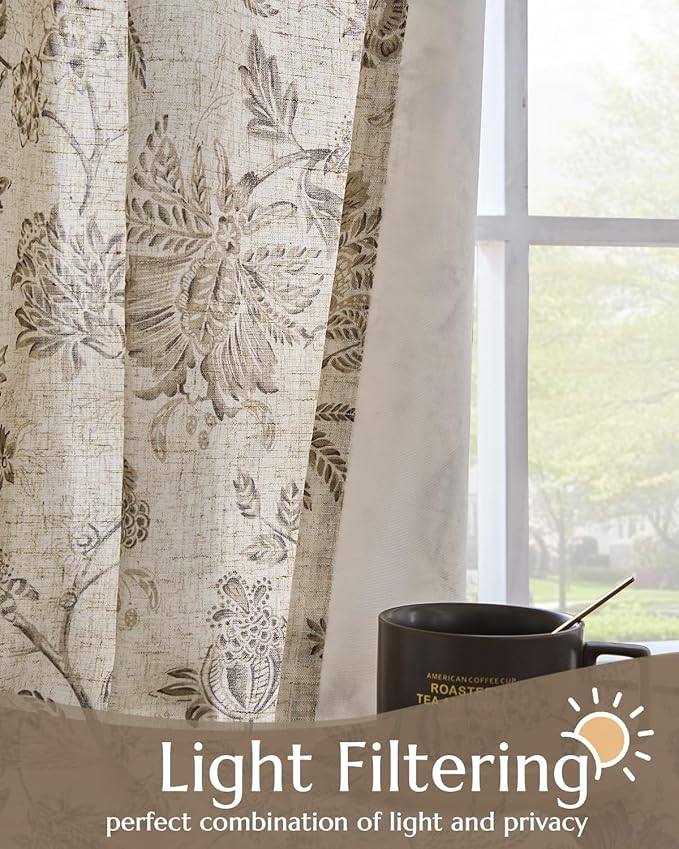 jinchan Lined Linen Floral Curtains for Living Room, 84 Inch Length Printed Flower Farmhouse Patterned French Country Back Tab Taupe Window Drapes Set Privacy Bedroom Curtains, 2 Panels