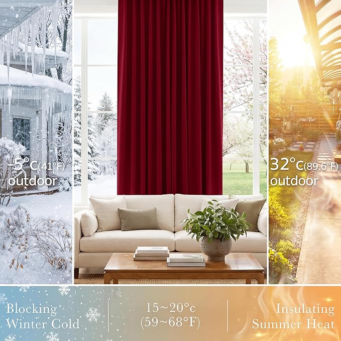 PONY DANCE Bedroom Window Panels - Christmas Decoration Blackout Curtains Elegant Back Tab Slot Pocket Curtains Thermal Insulated Energy Efficient Home Decoration, 42 x 63 inch, Red, One Pair