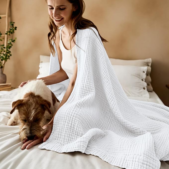Bedsure 100% Cotton Muslin Throw Blanket Large 50x70 Inches - 4-Layer Breathable and Lightweight Thin Soft Summer Gauze Muslin Blankets for Adults, White, Boho Cotton Throw for Couch