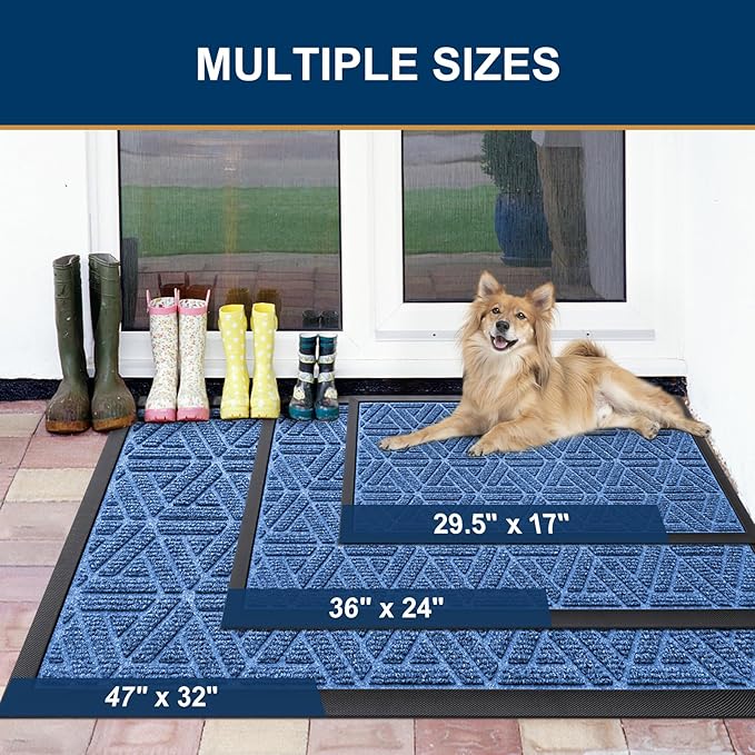 Smiry Front Door Mat Outside Entrance, Heavy Duty Sturdy Natural Rubber Doormat, Trap Dirt and Moisture, Easy Clean Low Profile Mats for Indoor Outdoor Entry, Grid Geometric (35x23, Blue)
